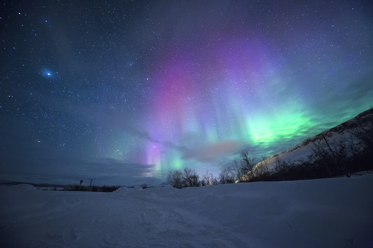 Cielo nocturno polar teñido de cortinas ondulantes de luz verde esmeralda y violeta sobre un lago congelado.
