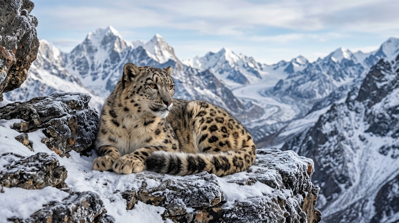 Ilustración detallada de un leopardo de las nieves con denso pelaje gris moteado sobre una cresta rocosa helada en el Himalaya.